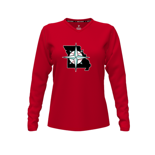 [FTLVPTRD-FYXS-LOGO2] Decker Performance T-Shirt (Female Youth XS, Red, V Neck, Logo 2, Long Sleeve)